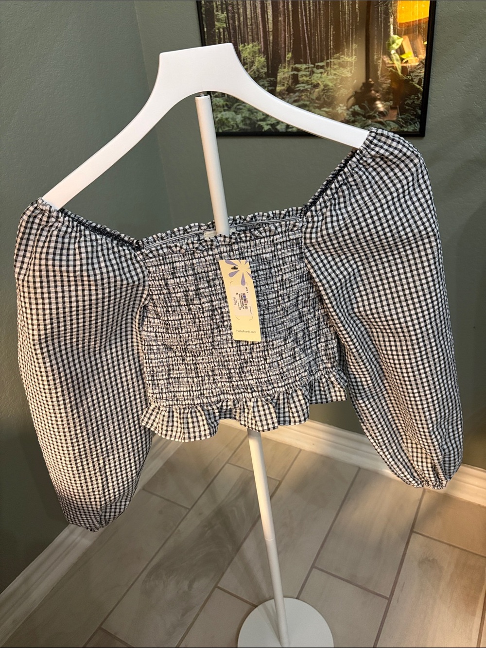 Girls Black & White Gingham Smocked Off-Shoulder Top